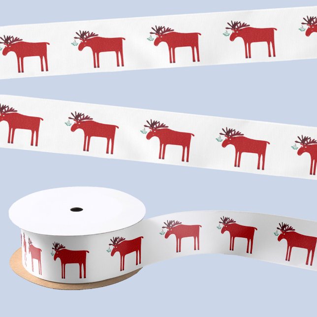 Lazo De Raso Funny Moose Holiday rojo y blanco (Fun moose or elk holiday satin ribbon)