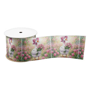Lazo De Raso Ganso Blanco Con Tulipanes Rosas