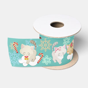 Lazo De Raso Gatitos de Navidad en Nubes y Copos de Nieve