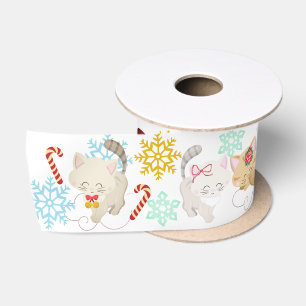 Lazo De Raso Gatitos de Navidad en Nubes y Copos de Nieve