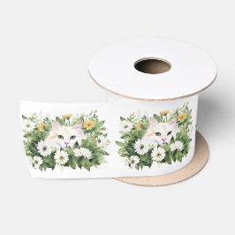 Lazo De Raso Gato Blanco Acuarela En Daisies