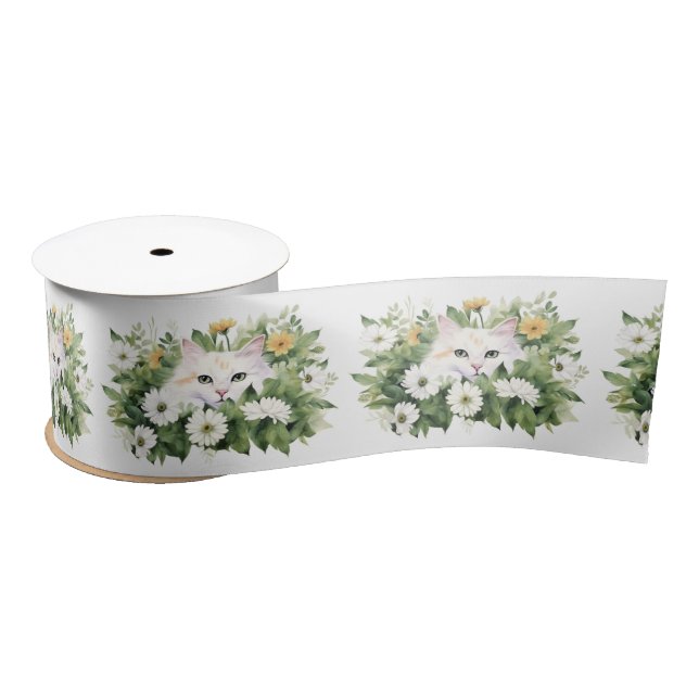 Lazo De Raso Gato Blanco Acuarela En Daisies (Carrete)