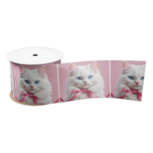 Lazo De Raso Gato blanco con arco rosado