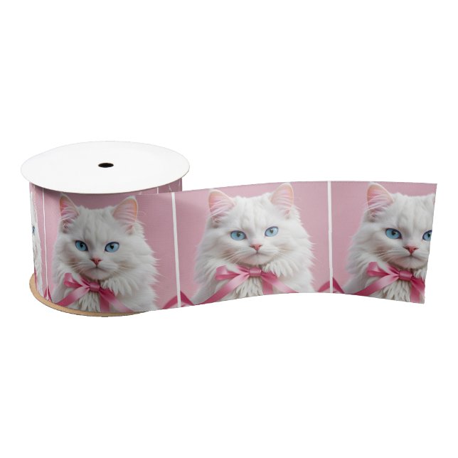Lazo De Raso Gato blanco con arco rosado (Carrete)