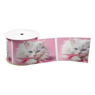 Lazo De Raso Gato blanco con cintas rosadas