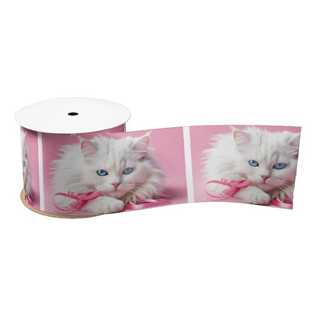Lazo De Raso Gato blanco con cintas rosadas (Carrete)