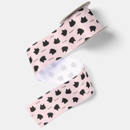 Lazo De Raso Gato Negro Adorable Patrón Rosa Meow Gatito