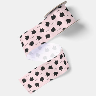 Lazo De Raso Gato Negro Adorable Patrón Rosa Meow Gatito