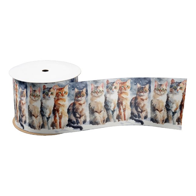 Lazo De Raso Gatos De Acuarela En Copos De Nieve (Carrete)