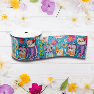 Lazo De Raso Gatos y flores coloridas cumpleaños suntuoso