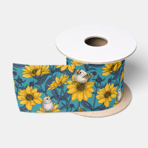 Lazo De Raso girasoles silvestres y pájaros dorados/ amarillo