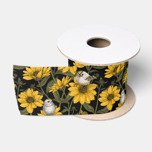 Lazo De Raso girasoles silvestres y pájaros dorados/ amarillos 