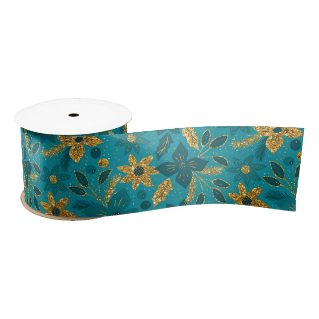 Lazo De Raso Gold and Teal Blue Christmas Poinsettia Flowers (Carrete)
