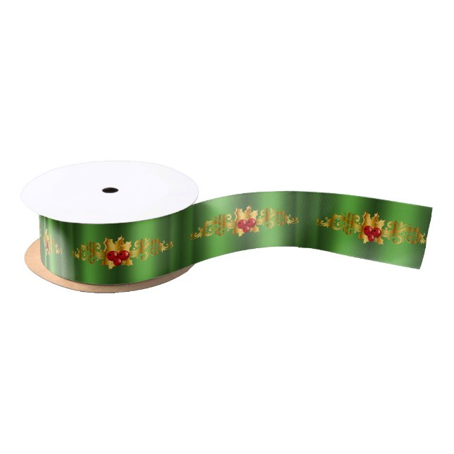 Lazo De Raso Golden Holly sobre los Navidades verdes (Carrete)