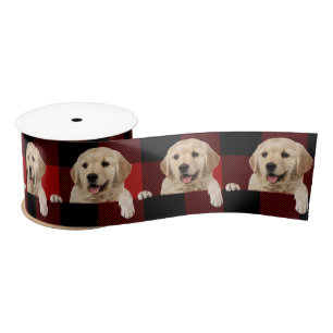 Lazo De Raso Golden Retriever on Buffalo Plaid Satin Ribbon