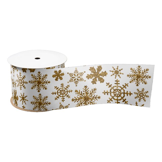 Lazo De Raso Golden Sparkling Snowflakes Feliz Navidad (Carrete)