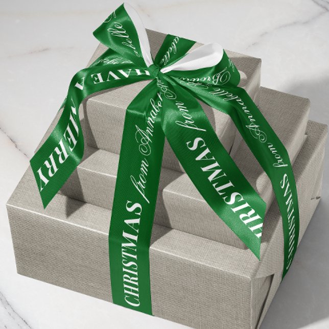 Lazo De Raso Green and White Mixed Font Merry Christmas Gift (custom Merry Christmas gift satin ribbon with personalized name text in white)