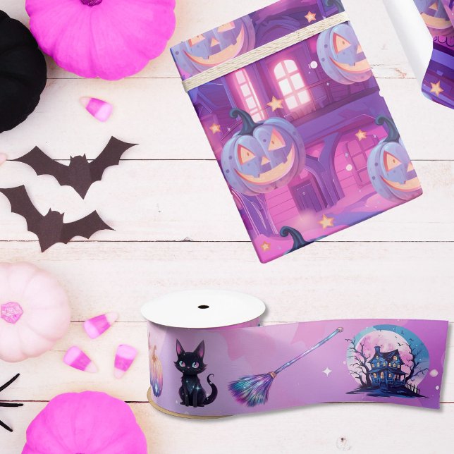 Lazo De Raso Halloween rosa hechizo gato calabazas broom (purple pink bewitched birthday halloween ribbon)