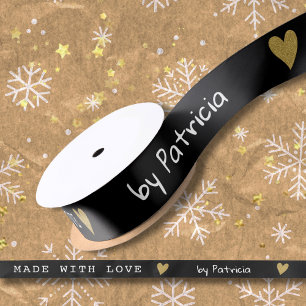 Lazo De Raso Hecho con Amor Personalizado Corazón Negro y Dorad
