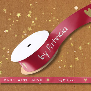 Lazo De Raso Hecho con Amor Personalizado Corazón Rojo y Dorado