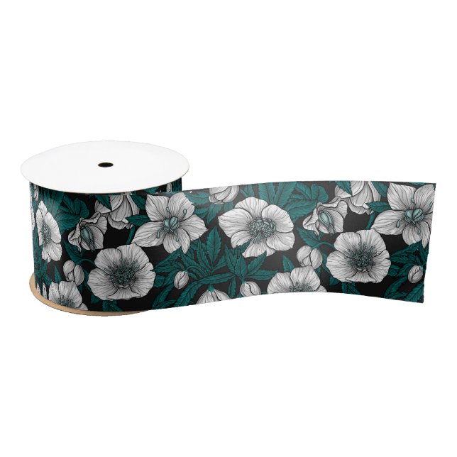 Lazo De Raso Hellebores blancos con hojas azules (Carrete)