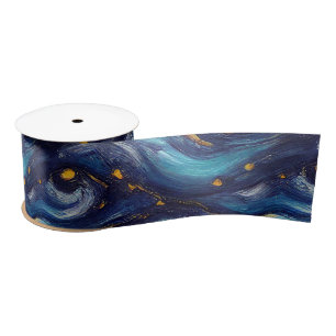 Lazo De Raso Hermosa Noche Estrellada Azul Pintada con Acuarela