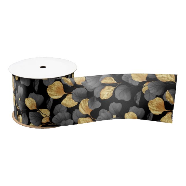 Lazo De Raso Hojas de oro y negro. Estampado (Carrete)