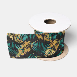 Lazo De Raso Hojas de Palma Verde Teal Dorado   Patrón Tropical