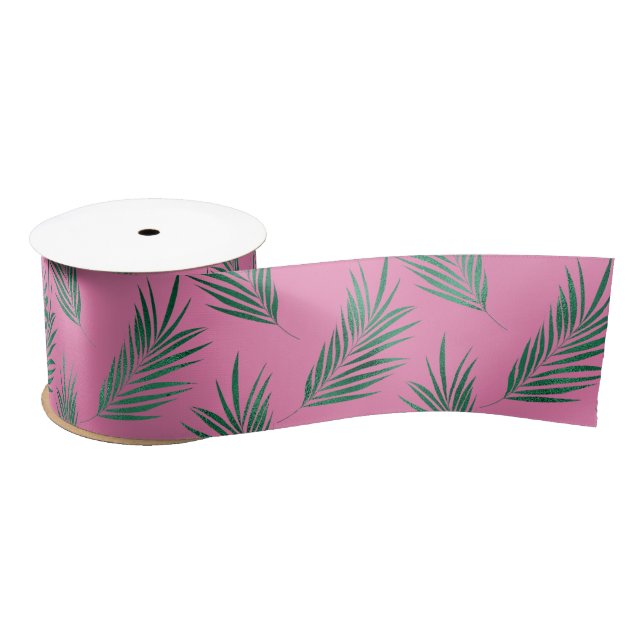 Lazo De Raso Hojas tropicales verdes rosadas (Carrete)