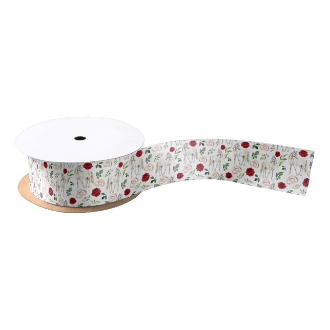 Lazo De Raso Horses & Red Roses Satin Ribbon in White (Carrete)