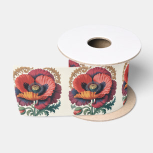 Lazo De Raso Ilustración floral de amapola vintage ornamentada