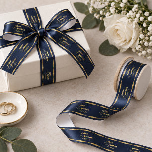 Lazo De Raso Iniciales de Boda Elegantes Azul Marino Oro ID1312