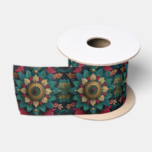 Lazo De Raso Intrincado Mandala Floral Texturizado en Verde Acu