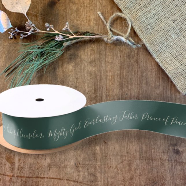 Lazo De Raso Isaías 9:6 Príncipe de la Paz Elegantes Navidades  (Isaiah 9:6 Prince of Peace Christmas faith scripture in modern elegant script on green gift ribbon 
)