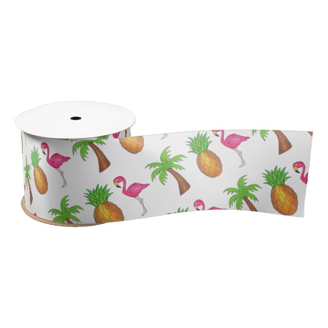 Lazo De Raso Isla Tropical Palm Tree Pineapple Flamingo Rosa (Carrete)
