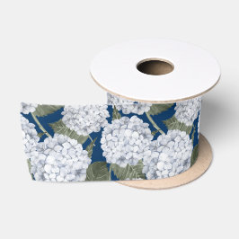 Lazo De Raso Jardín de Hortensias Azules Floral sobre Azul Mari