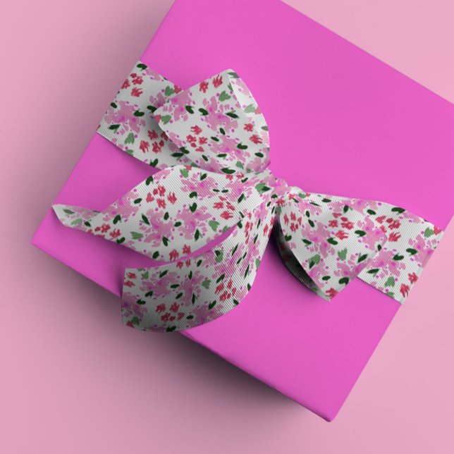 Lazo De Raso Jardín floral acuarela fucsia (Fuchsia pink floral garden watercolor grosgrain or satin ribbon.)