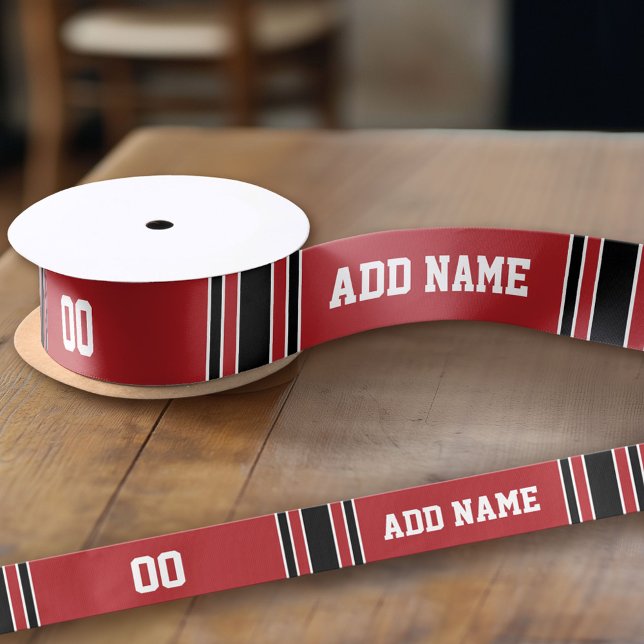 Lazo De Raso Jersey de deportes rojos y negros personalizado (Custom Ribbon - add your personalized text)