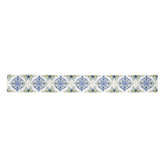 Lazo De Raso Lemon Floral Tile italiano Decoración azul y blanc (Anverso)