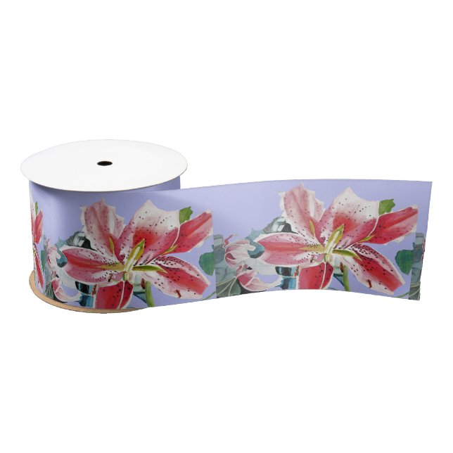 Lazo De Raso Lily Acuarela Rojo floral Oriental Lila Púrpura (Carrete)
