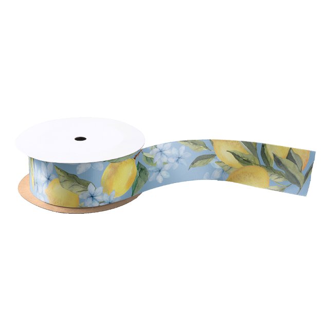 Lazo De Raso Limón y flor de color azul elegante (Elegant Blue Watercolor Lemon and Flower Satin Ribbon)