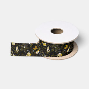 Lazo De Raso Lindo patrón floral vintage negro dorado
