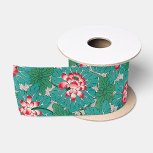 Lazo De Raso Lotos Chinos Rojos Rosados Verde Patrón Teal