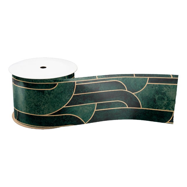 Lazo De Raso Lujoso patrón Art Deco Verde y Oro (Carrete)