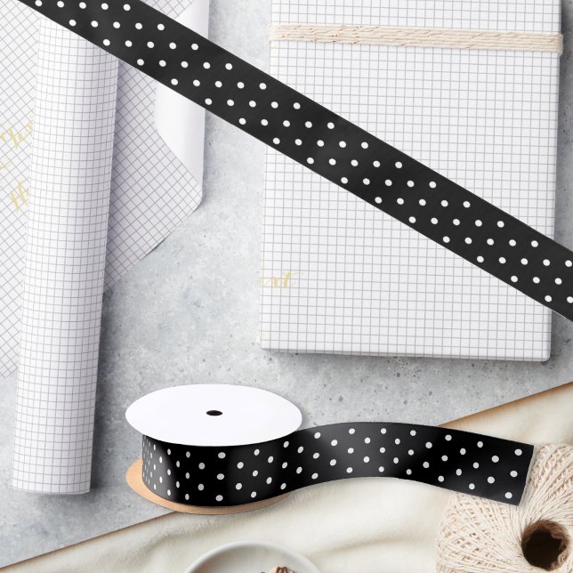 Lazo De Raso Lunares blancos negros que casan el papel de (Black White Polka Dots Wedding Birthday Gift Wrap Satin Ribbon)