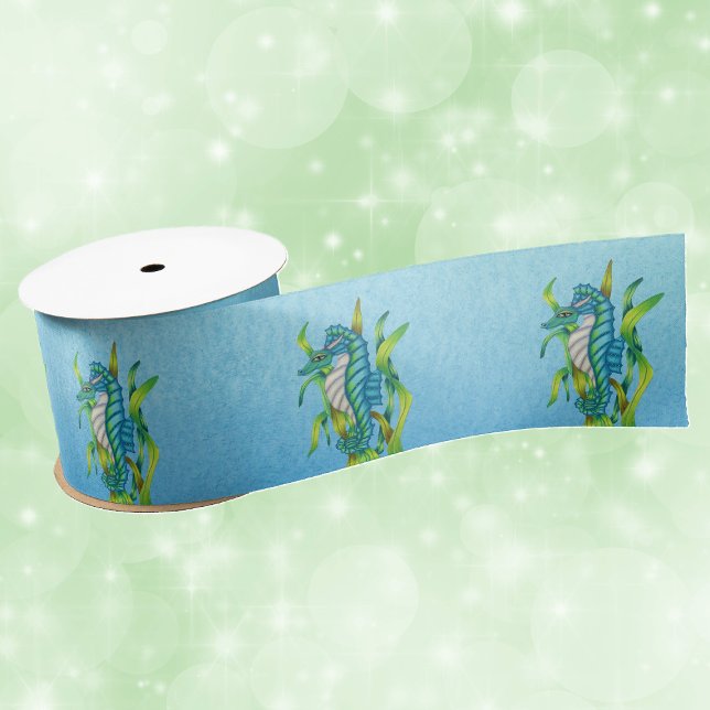 Lazo De Raso Magnífica alga marina blanca azul Dragón (Magical ocean sea dragons with seaweed on shades of blue roll of gift wrap or craft ribbon.)