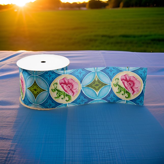 Lazo De Raso Málica cerámica de Art Nouveau Peranakan (Art Nouveau Ceramic Majolica Peranakan Floral Cake Satin Ribbon Sunset)