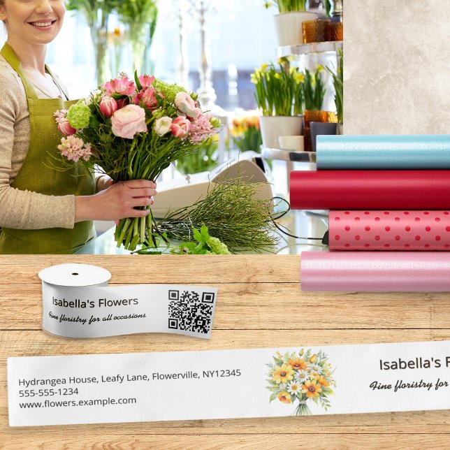 Lazo De Raso Máquina de costura Código QR Suministros para pequ (An elegant custom ribbon for florists, with flower bouquet picture, QR code and contact info)