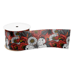 Lazo De Raso Mariposa blanca y rosas