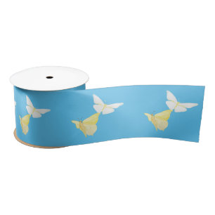 Lazo De Raso Mariposas blancas y amarillo claro volando azul